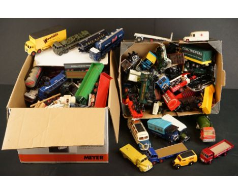 Large quantity of play worn diecast models, many commercial vehicles, to include Corgi, Dinky, Matchbox etc (2 boxes) 