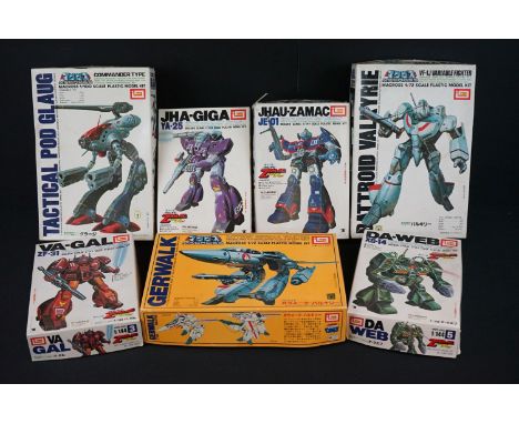Seven boxed IMAI plastic model kits to include Macross 1/100 Commander Type Tactical Pod "Glaug", Macross VF-1J Variable Figh