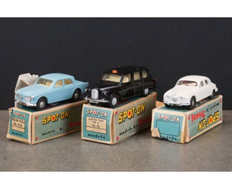 Three boxed Triang Spot On diecast models to include 216 Volvo 122s in pale blue, 155 Austin Taxi FX 4 in black and Jaguar 3.