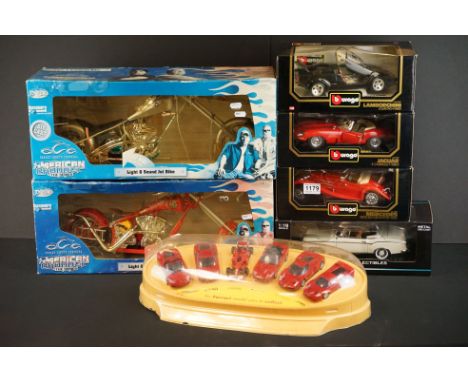 Three Boxed Burago diecast models (3016 Jaguar E Cabriolet, 3020 Mercedes Benz 500K Roadster (split box window) &amp; 3016 Ja