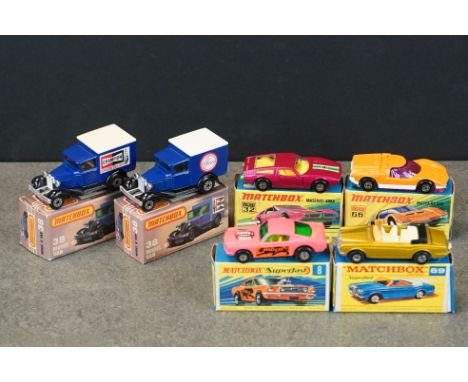 Six boxed Matchbox diecast models to include 2 x 38 Model A Van and 4 x Superfast (8 Wild Cat Dragster in pink (grubby diecas