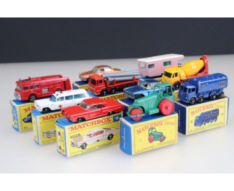 Nine Boxed Matchbox Series diecast models to include 1 Diesel Road Roller, 10 Sugar Container, 33 Ford Zephyr III, 5 Ford Mus