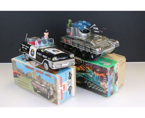Two boxed Japanese tin plate Battery Operated model to include Secret Agent Car (driver loose, scratch to bonnet) and Firing 