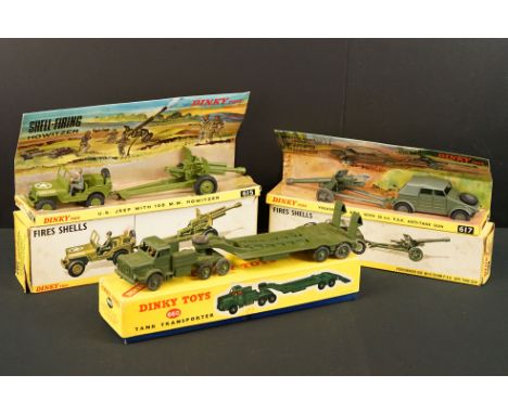 Three boxed Dinky diecast models &amp; sets to include 660 Tank Transporter, 617 Volkswagen KDF with 50mm PAK Anti Tank Gun a