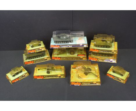 10 Boxed Dinky military diecast models to include 699 Leopard Recovery Tank, 617 Volkswagen KDF and 50mm PAK Anti Tank Gun, 3