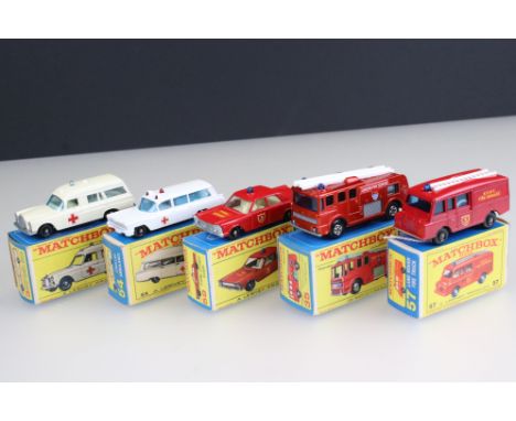 Five boxed Matchbox Series emergency service diecast models to include 54 Cadillac Ambulance, 59 Fire Chief Car, 3 Mercedes B