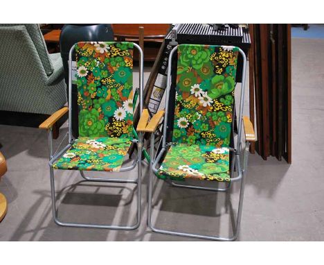 PAIR OF 1970'S FOLDING GARDEN CHAIRS - TUBULAR FRAME WITH CLOTH COVERING  