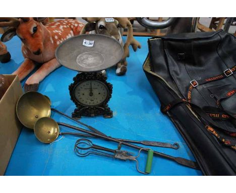 CAST HOUSEHOLD SCALES, 3 LADLES &amp; WHISK 