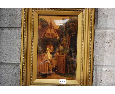 GILT FRAMED CRYSTOLEUM BY A L VERNON, WOMAN AND DOG BY GARDEN GATE 