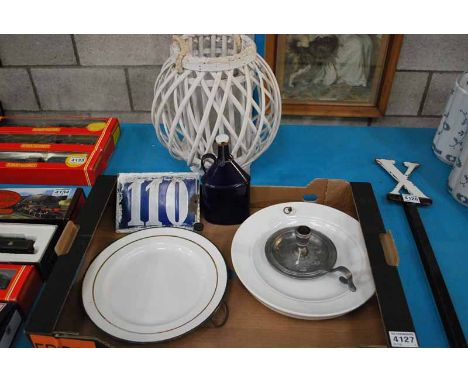 BOX OF ENAMEL WARE &amp; WOODEN BALL LANTERN 