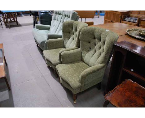 PAIR OF BUTTON BACK ARMCHAIRS 