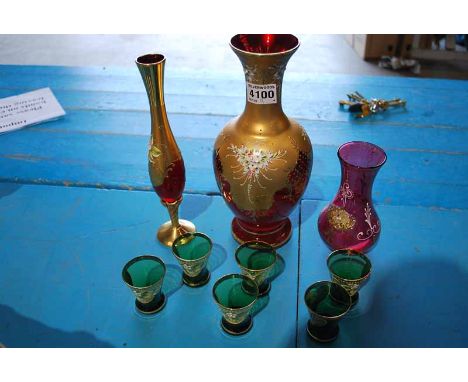 3 PCS OF VENETIAN RUBY GLASS WITH GILT &amp; ENAMEL DECORATION WITH SET OF 6 VENETIAN GREEN GLASS CORDIAL GLASSES WITH GILT &