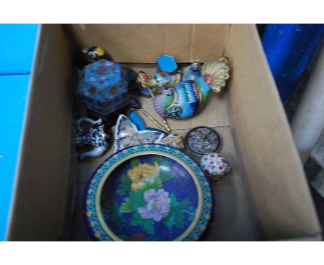 TRAY OF CLOISONNE &amp; ENAMEL ORNAMENTS, 12 ITEMS 