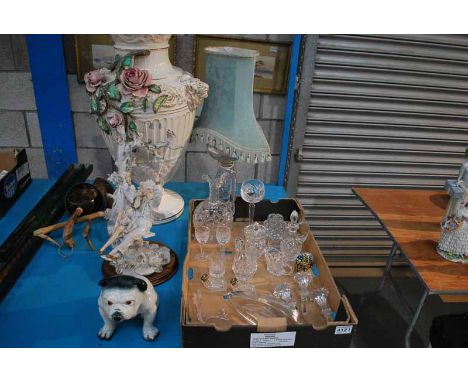 BOX OF CUT GLASSWARE, GLASS TABLE LAMP, POTTERY SWING GROUP, BULLDOG &amp; LARGE VASE 