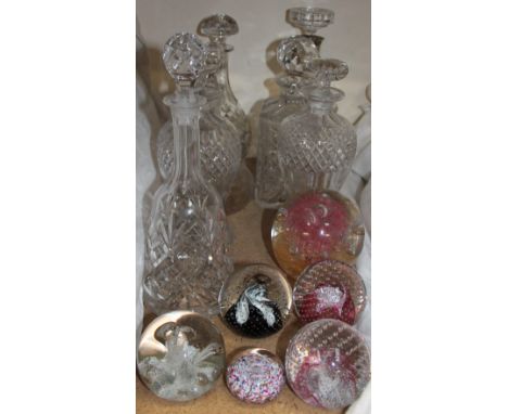 A silver topped glass decanter together with assorted glass decanters, Caithness and other paperweights CONDITION REPORT: The