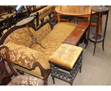 A Victorian upholstered chaise longue together with a bench seat, wine table, floral painted jardiniere stand and a dressing 