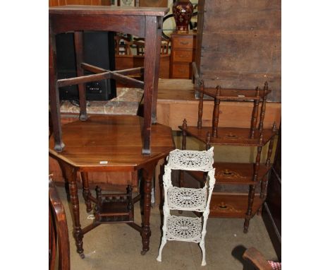 A Victorian walnut four shelf whatnot together with a three tier metal table, a walnut occasional table and an oak occasional