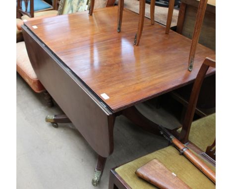 A Regency mahogany sofa table with drop flaps on a single pedestal and brass cappings