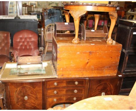A reproduction mahogany sideboard together with four table top bookshelves, a walnut occasional table, magazine rack, print a