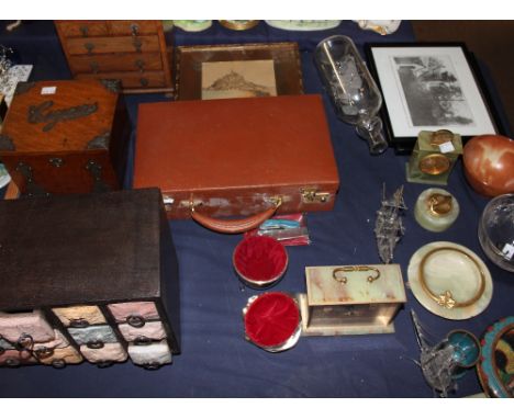 An oak and silver mounted cigar box together with a miniature chest of drawers, a leather case, watercolour, onyx lighter, as
