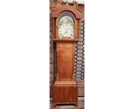 A pine longcase clock, with a broken swan neck pediment, long trunk door, box base and bracket feet, the associated dial pain