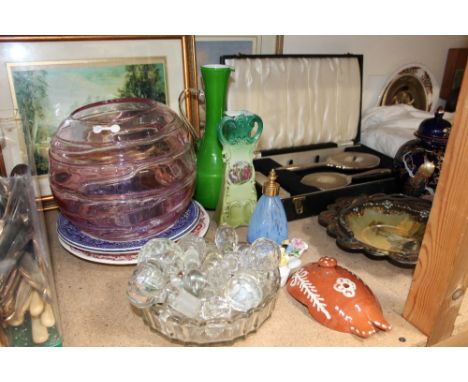 A Sterling silver cased three piece dressing table set, together with a painted swing handled basket, glass vase, stoppers, f