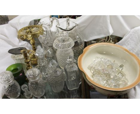 Assorted glass wares, including decanters, ewers, jug, stoppers etc together with a pottery water bowl, brass trivet, pottery