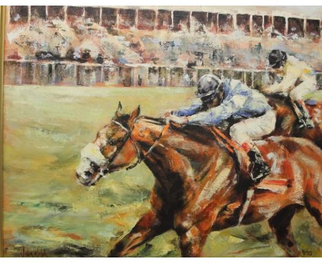 R Burt-SmithSt Michaels Mount, CornwallWatercolourTogether with Julia Noble, The Finish Line - A horse racing print on canvas