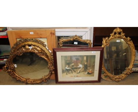 Five gilt wall mirrors together with another mirror, leaded glass fire screen and prints