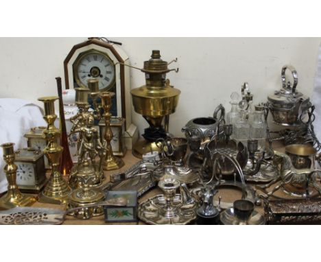 Three brass cased carriage timepieces together with brass candlestick, oil lamp, mantle clock, electroplated wares etc