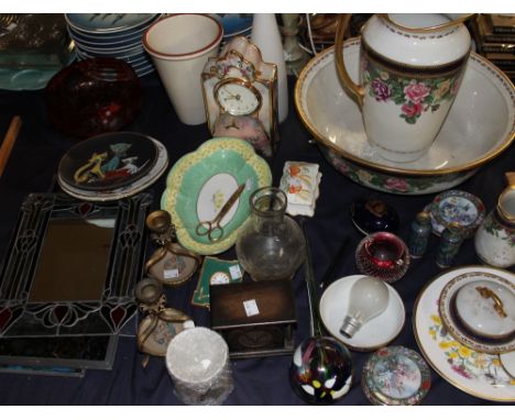 A flash glass bowl together with a pottery jug and basin set, plates, clocks, etc