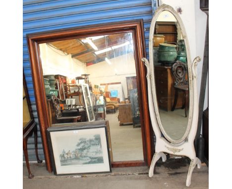A large overmantel mirror together with a cream cheval mirror and four prints