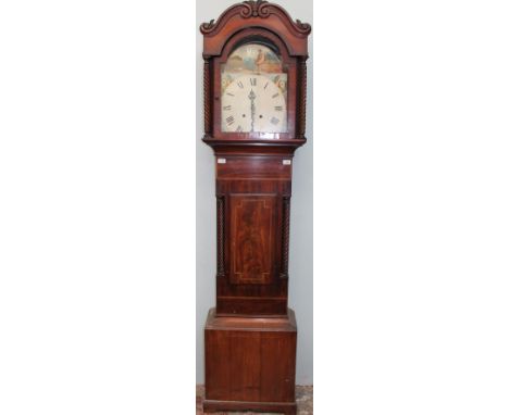 A 19th century mahogany longcase clock, with a carved arched hood and rope twist columns above a short trunk door, box base a