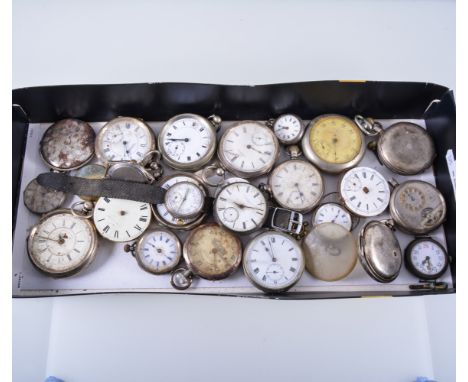 Collection of silver and white metal pocket watches, fob watches,  and a vintage wrist watch, all in a state of disrepair, so