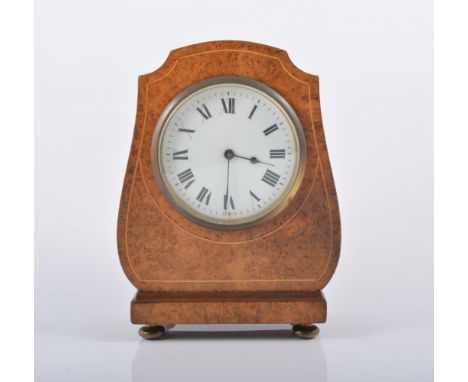 Regency style burr walnut and box strung mantel clock, circular white enamel dial with Roman numerals, French cylinder moveme