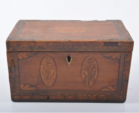 Georgian satin walnut and inlaid tea caddy, the exterior and interior inlaid with fruitwood floral cartouches enclosed by Tun