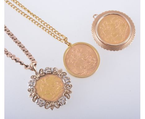 Three gold coin pendants, a Full Sovereign Edward VII in a plain 9 carat yellow gold mount on a curb link chain 55cm long, a 