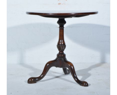 George III mahogany pedestal table, adapted, circular tilt top, reduced pear-shape column, on tripod legs, diameter 63cm.