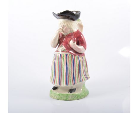 Staffordshire Lady taking snuff jug, 19th Century, standing holding a snuff box, wearing a tricorn hat, repaired, 25cm.Proven