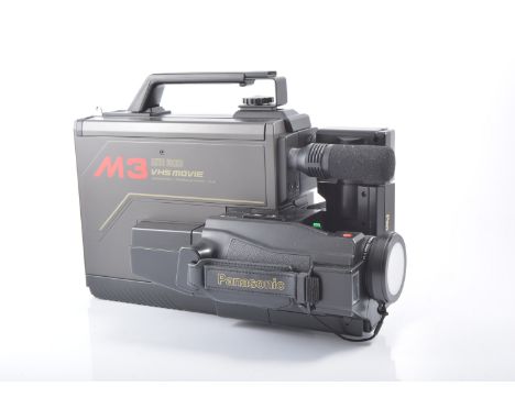 Two vintage Panasonic Newvicon VHS movie cameras, in card cases, accessories and cables, (2).