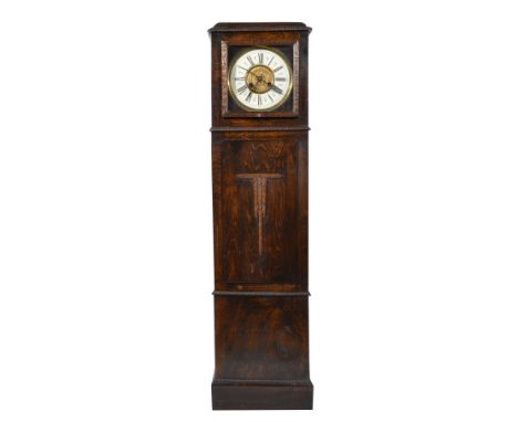 Vienna type clock movement, circular dial with Roman numerals, refitted into a stained wood oak effect, grandmother clock cas