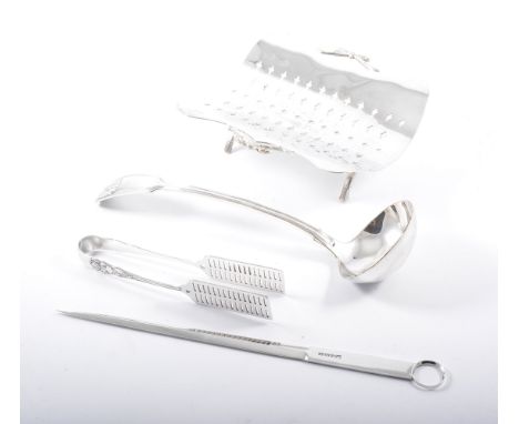 A pair of asparagus servers, Fiddle and Thread pattern soup ladle and a meat skewer, (4). 