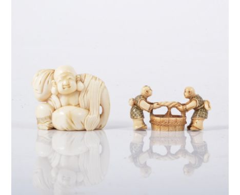 A Japanese carved ivory netsuke, two servants washing at a barrel, two character mark, Meiji, 5cm, and another Japanese carve