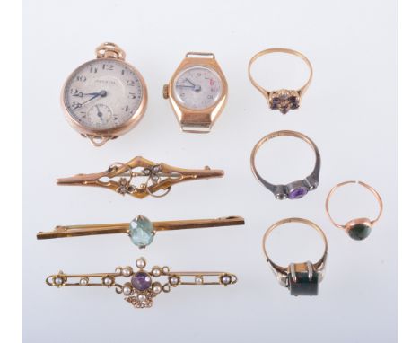 Three bar brooches, one set with amethyst and seed pearls, four dress rings set with semi precious stones, an Imperial fob/wr