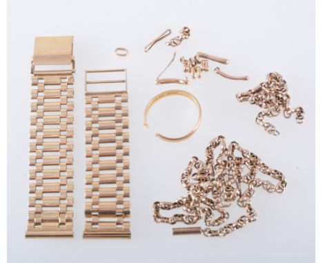 A parcel of scrap gold, a broken 22 carat yellow gold wedding band, 4gms, a 9 carat yellow gold "Wristwear" watch bracelet 21