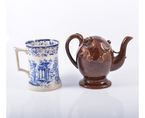 Cardigan treadle glazed tea pot and two Spode blue and white soap plates; another and 19th Century blue and white printware t