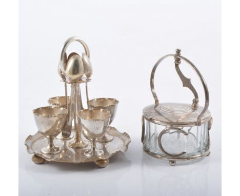 Silver-plated bowl, hallmark Robert Pringle; silver-plated cocktail shaker, P H Vogel, Birmingham; Egg cups and stand, four c