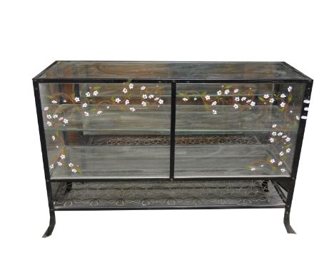 Three metal framed and glazed counter display cabinets, open backs, each with a shelf, splayed legs, width 128, depth 50, hei