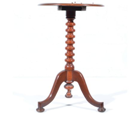 Victorian stained mahogany pedestal table, circular top, bobbin turned column on tripod legs, diameter 46cm.