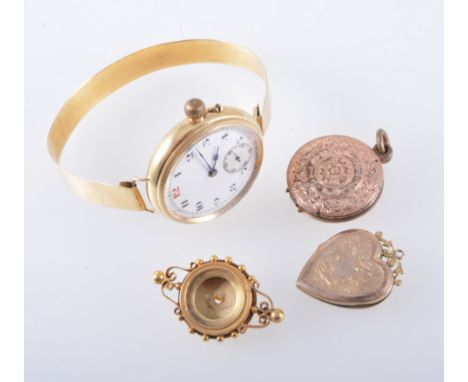 A vintage wrist watch on an 8mm wide polished yellow metal bangle, 30mm white enamel arabic dial with subsidary seconds dial,